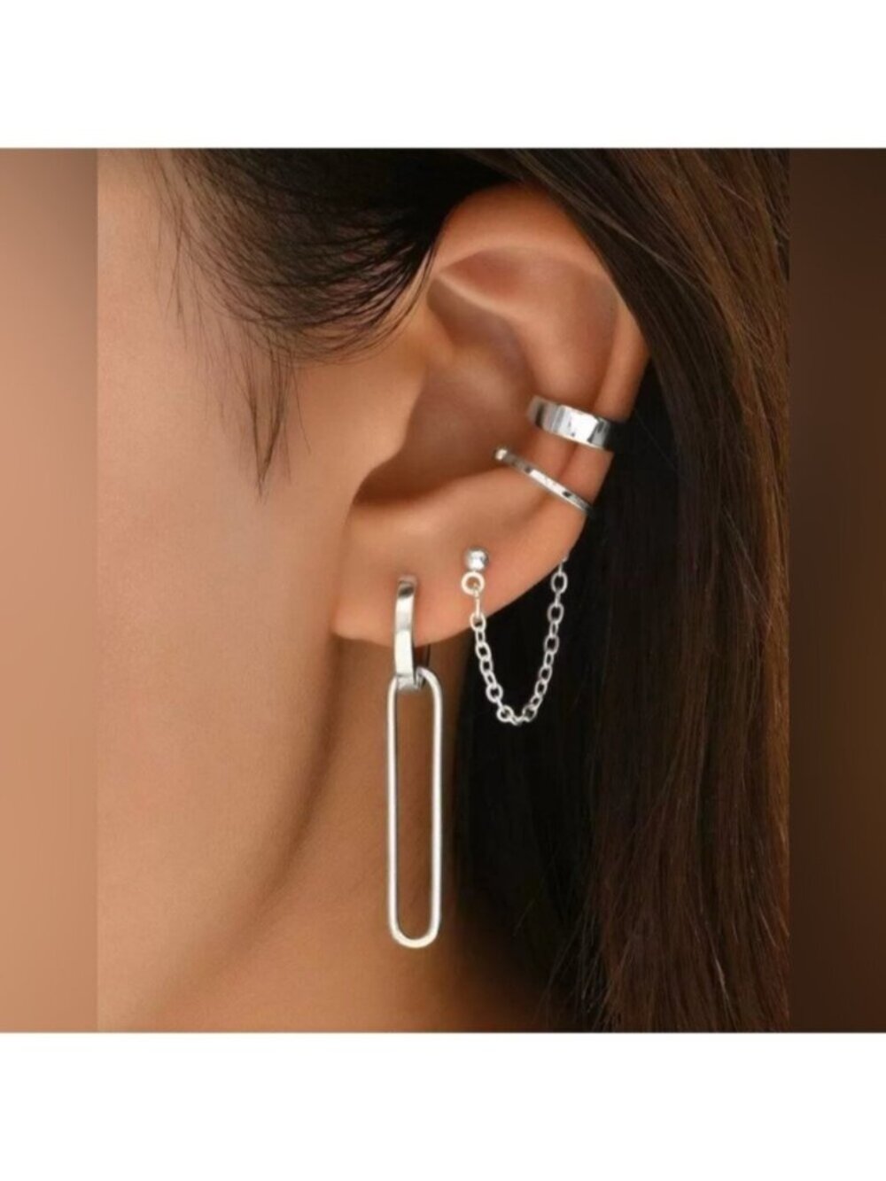 Silver Tone 4PC Earring & Ear Cuff Set Chain Dangle Paperclip Hoop Stack